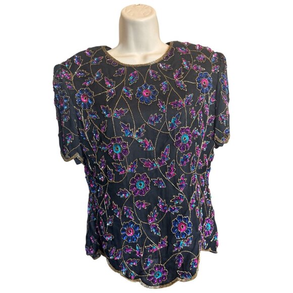 Papell Boutique Evening Tops - Papell Boutique Evening Black Silk Top M Floral Sequin Beads Jewel Tone Party